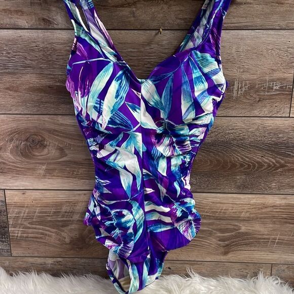 Maxine Ladies One Piece Tropical Print Swim Suit Bathing Suit Sz 12 Teal Purple - Picture 3 of 6
